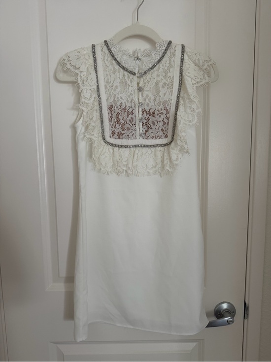 Self-Portrait Dresses & Skirts - Self-Portrait White Lace-Front Mini Dress with Silver Trim